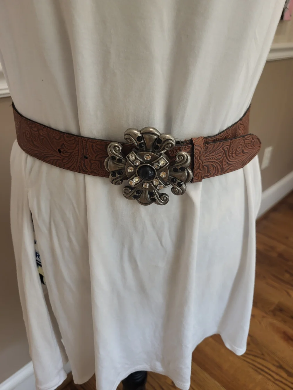 Brown Tooled Faux Leather Belt with Ornate Silver-Tone Rhinestone Buckle